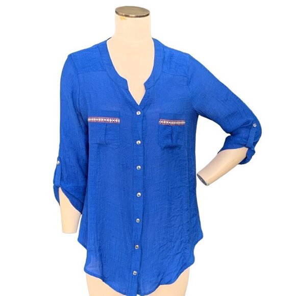 I.N. Studio Button Front Top Roll Tab Sleeve Sz M Blue #106B - Picture 1 of 8